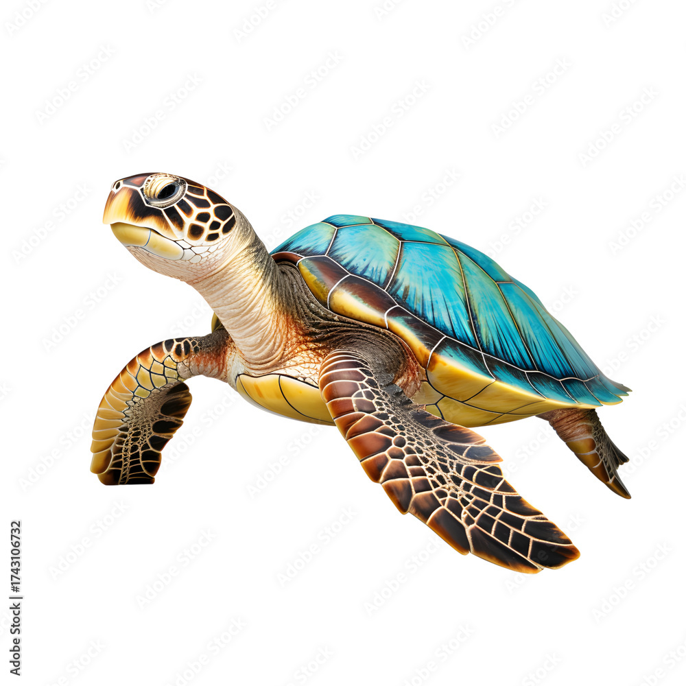 Fototapeta premium A sea turtle swimming on a black background close up view
