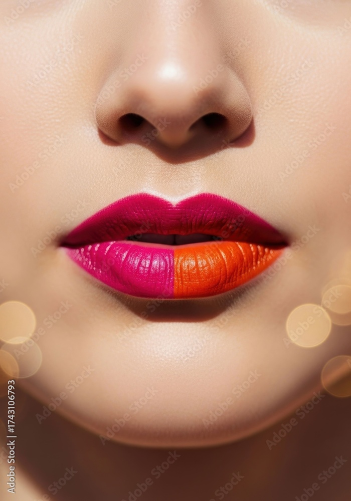 Obraz premium Close-up of woman's lips, vibrant pink and orange lipstick
