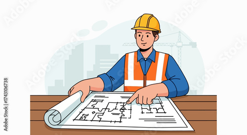 Construction Worker Reviewing Blueprint with Safety Gear.
