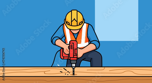 Construction Worker Drilling Wood with Precision and Focus.