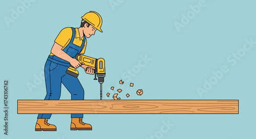 Construction Worker Drilling Wood Plank with Power Drill.
