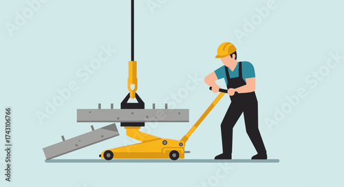Worker Using a Jack to Lift Heavy Metal Beam.