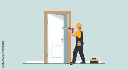 Handyman Installing Door with Drill.