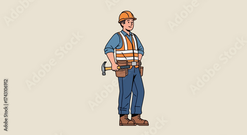 Cartoon Construction Worker with Hammer and Safety Gear.