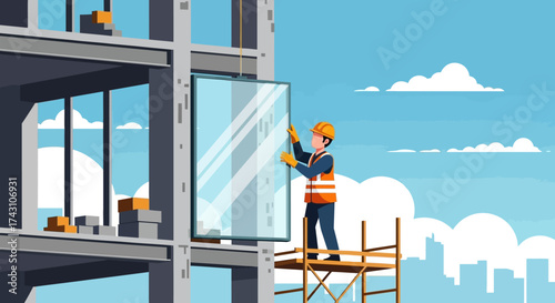 Construction Worker Installing Glass Panel on Building Facade.