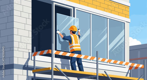 Construction Worker Installing Window on Scaffolding at Building Site.