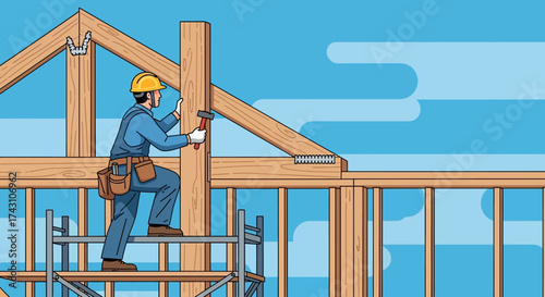 Construction Worker Building a Wooden Structure with Power Drill.