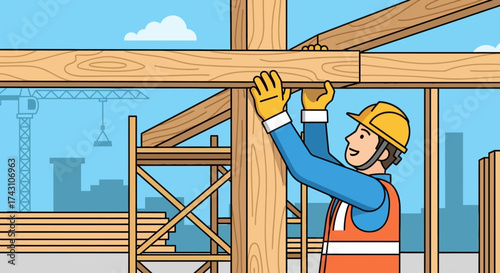 Construction Worker Assembling Wooden Structure with Safety Gear.