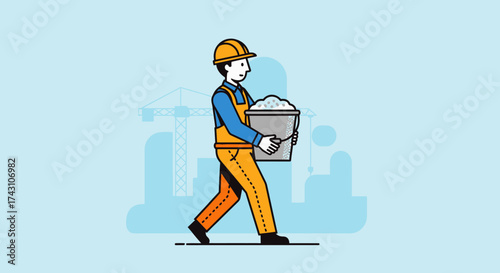 Construction Worker Carrying Bucket of Cement at Construction Site.