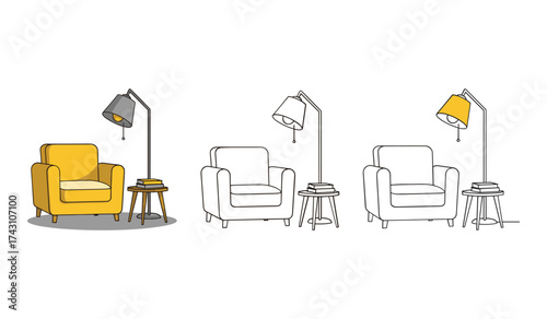 Yellow armchair with floor lamp and books on side table and line art armchairs vector