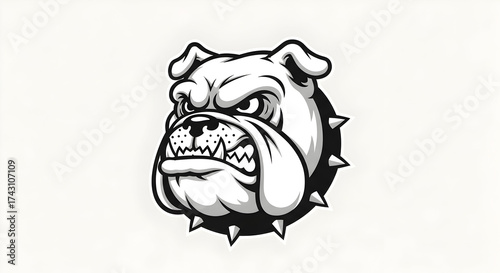 A black and white illustration of a fierce, snarling bulldog head with a spiked collar, depicted as a mascot.