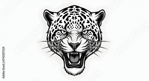 A fierce black and white graphic illustration of a snarling jaguar head with an open mouth.
