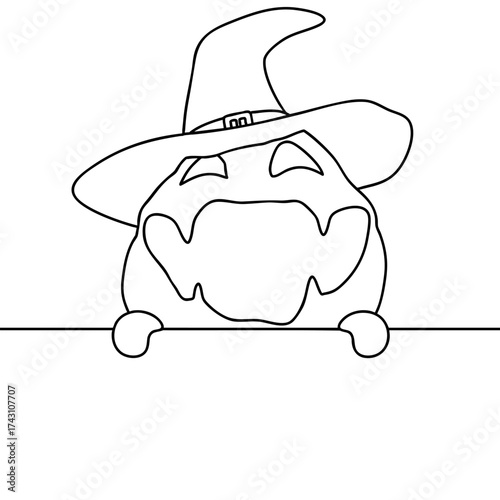 Outline for Coloring of Halloween pumpkin funny and cute peeks out behind the wall. One of the symbols of the autumn holiday. Vector Illustration.
