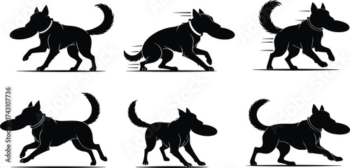 Dog silhouette catching frisbee, pet agility training, canine sport action, playful puppy outdoors, black outline illustration, active animal movement sequence
