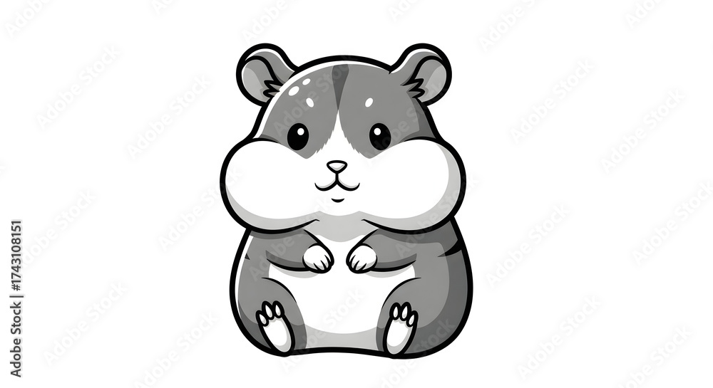 Fototapeta premium A cute grey and white cartoon hamster with chubby cheeks sitting on a plain white background.