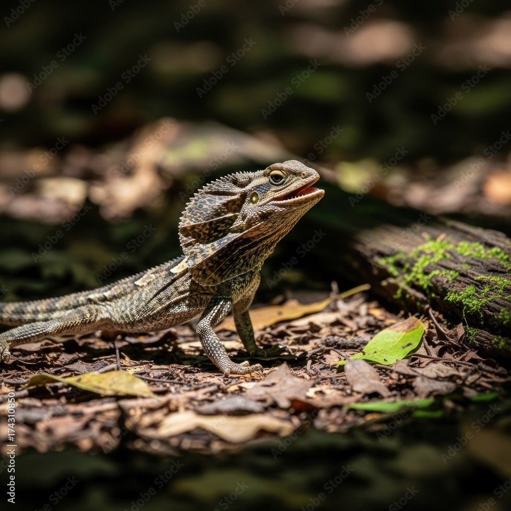 Obraz premium Frilled-neck lizard basking in the sun on the forest floor.