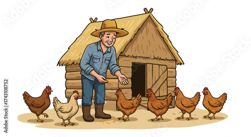 Farmer feeding chickens outside a wooden henhouse with a straw roof