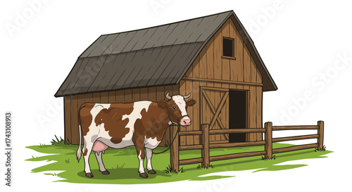 A brown  white cow is outside a wooden barn with an open door  a fence on green grass
