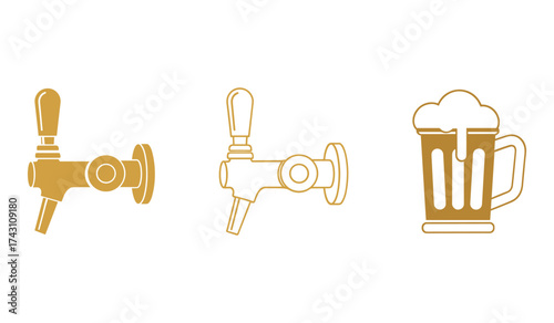 Golden beer tap and frothy beer mug icons on white background beverage
