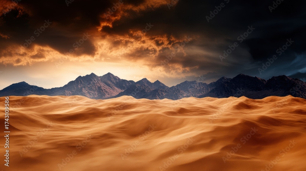 Naklejka premium Dramatic shot of desert mountains with strong wind lifting dust clouds, harsh and raw wilderness atmosphere
