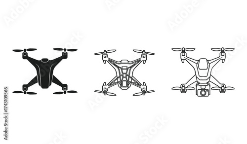 A set of three drone icons one solid black one outline one with camera quadcopter symbol