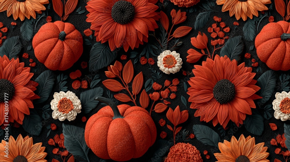 Fototapeta premium Autumn's embrace: a playful symphony of nature's colors and harvest. Luxury portrait. Rich details of autumn festivity: an abundant thanksgiving scene. Upscale style. Luxury apparel.