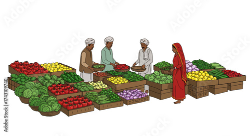 Colorful vegetable market scene featuring vendors and a customer in traditional attire