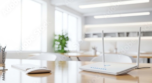 A white router with antennas on a wooden desk in a modern office.