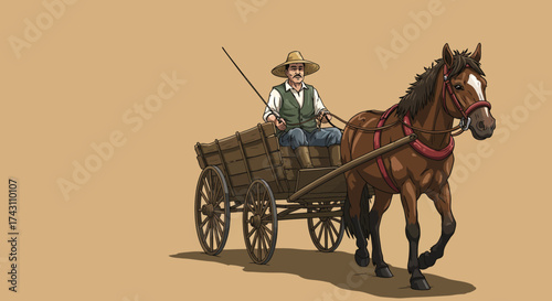 A man rides in a horsedrawn wooden cart on a beige backdrop