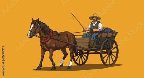 Animated illustration shows a man in a horsedrawn cart against a flat gold background