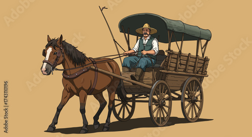 Horse pulling a wagon with a man on a beige background