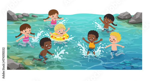 Eight children play in shallow water some splashing one in a swim ring amid rocks on a sunny day