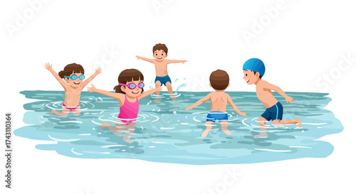 Five children playing in water three boys in shorts two girls in swimsuits and goggles