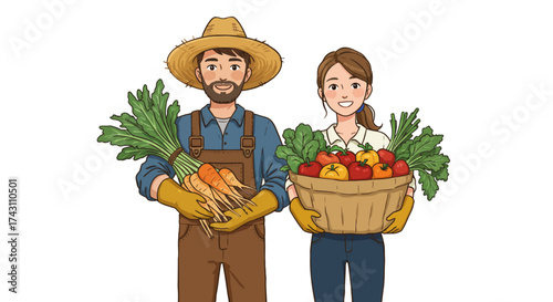Two smiling farmers hold harvest man with carrots woman with basket of mixed vegetables