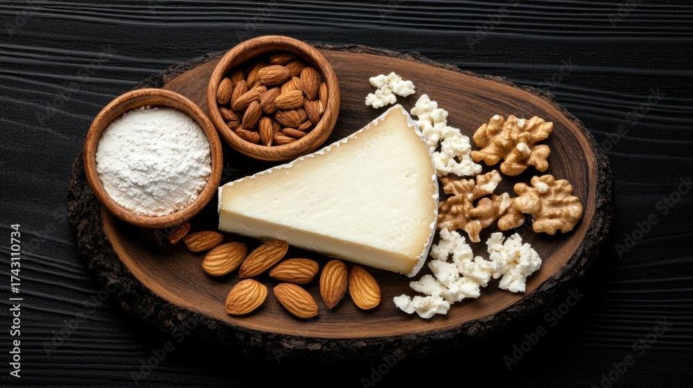 Fototapeta premium Elegant cheese and nut composition viewed from above on textured black wood