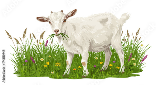 A white goat stands in tall grass eating It has small horns and a short tail