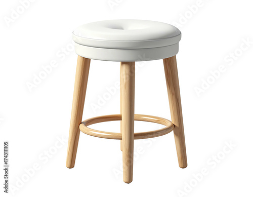 A white-topped stool with wooden legs and a supporting footrest, on black