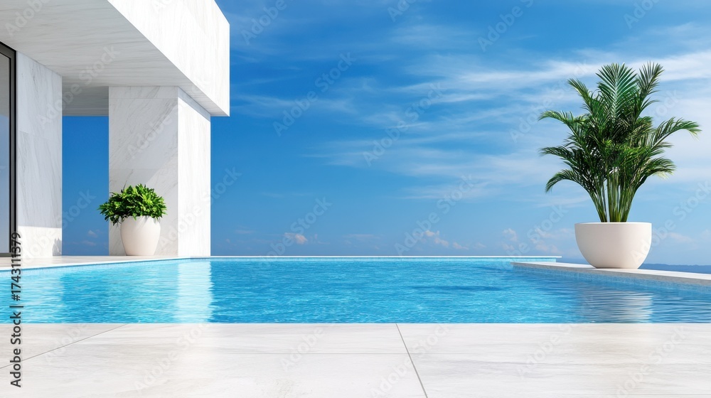 Fototapeta premium Elegant villa exterior featuring a pristine pool and bright blue sky in a serene setting