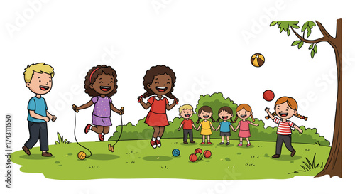 Children playing together in a park They are jumping throwing balls and holding hands