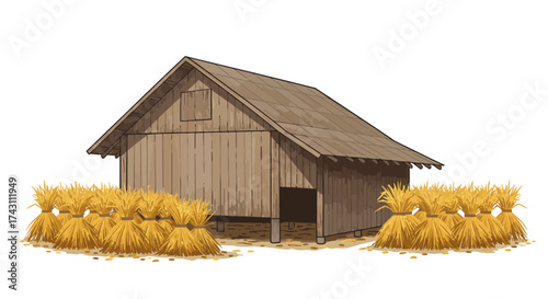 Barn sits beside haystacks rustic structure