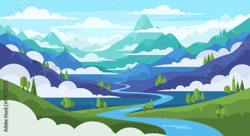 Serene Mountain Landscape with Winding River and Lush Greenery.