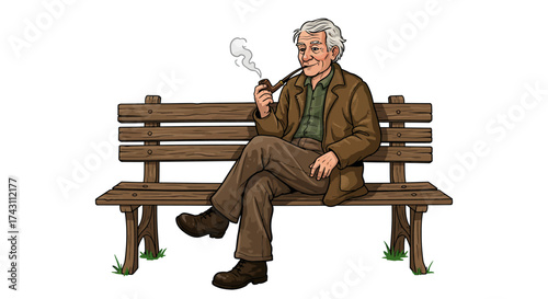An older man with grey hair sits on a wooden park bench smoking a pipe