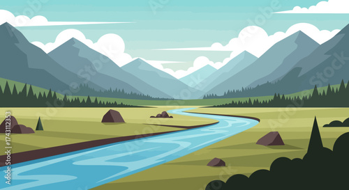 Serene Valley Landscape with River and Mountain Backdrop.