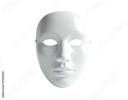 A blank white theatrical mask on a stark black background, well-lit