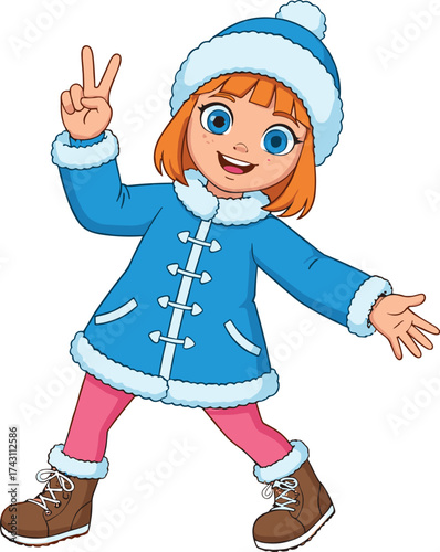 Happy cartoon girl in blue winter coat posing with peace sign, smiling child wearing hat and boots, winter fun illustration