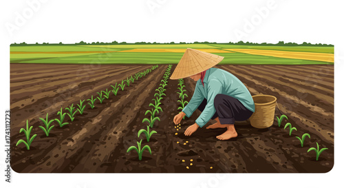 Farmer in conical hat plants seeds in rows of crops across a furrowed field under a bright sky