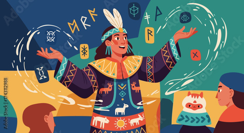 Shaman performing a ritual with runes and symbols for onlookers.