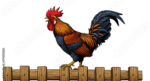 A rooster stands on a wooden fence crowing with its beak open It has colorful feathers and a red comb