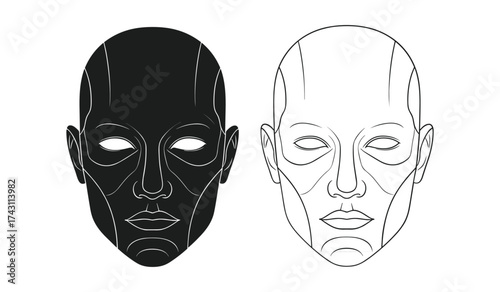 Black and white graphic of two stylized human faces side by side head illustration