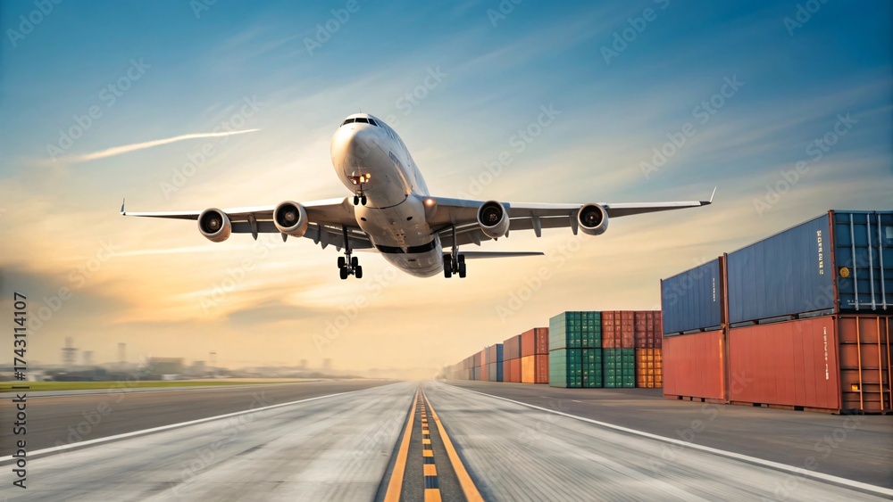 Fototapeta premium A large cargo airplane lifts off from a runway beside stacks of shipping containers under a bright sky